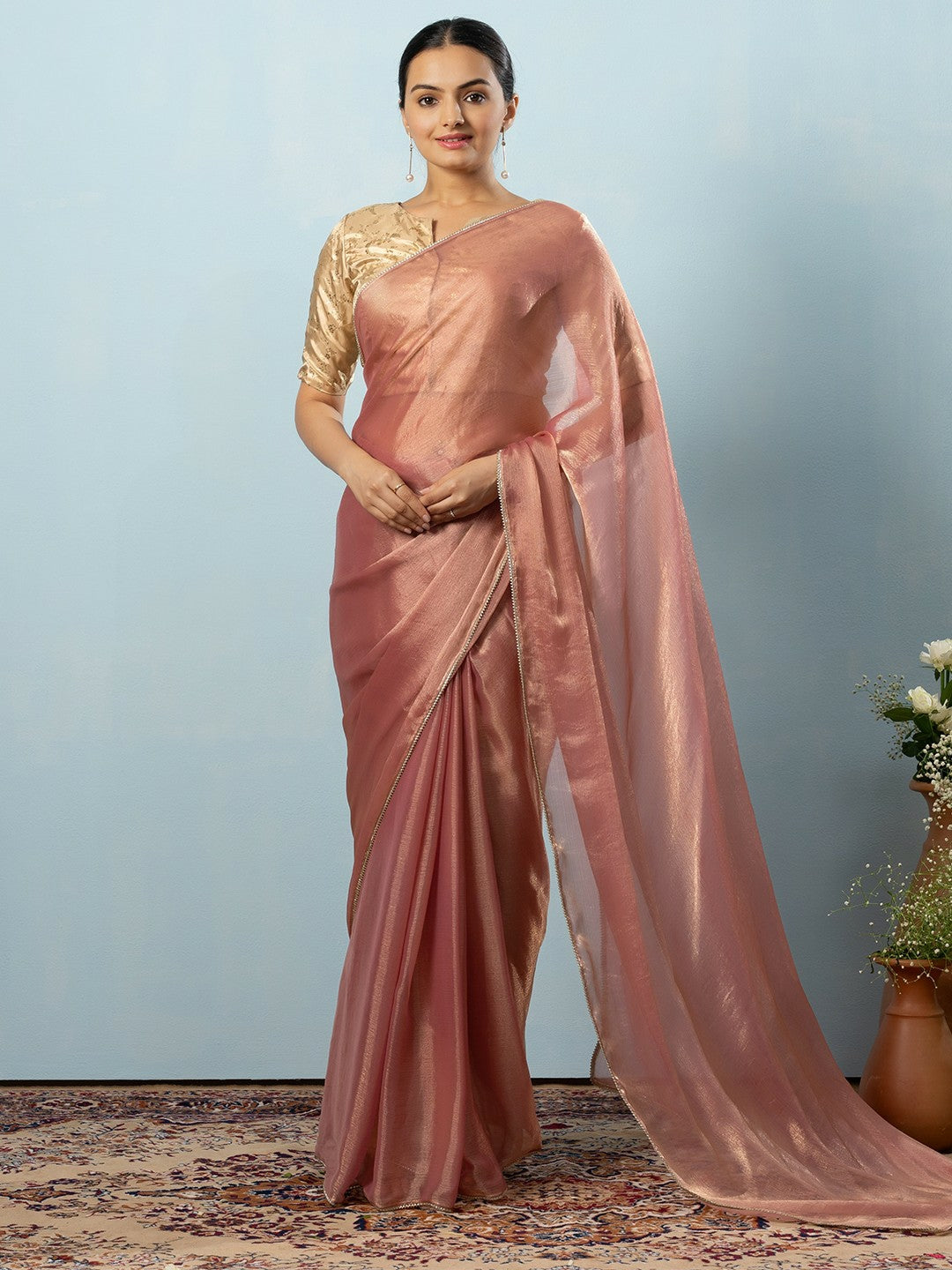 Buy Pink & Gold-Toned Saree with Embellished Border | Ready to Wear Saree – Indiaista