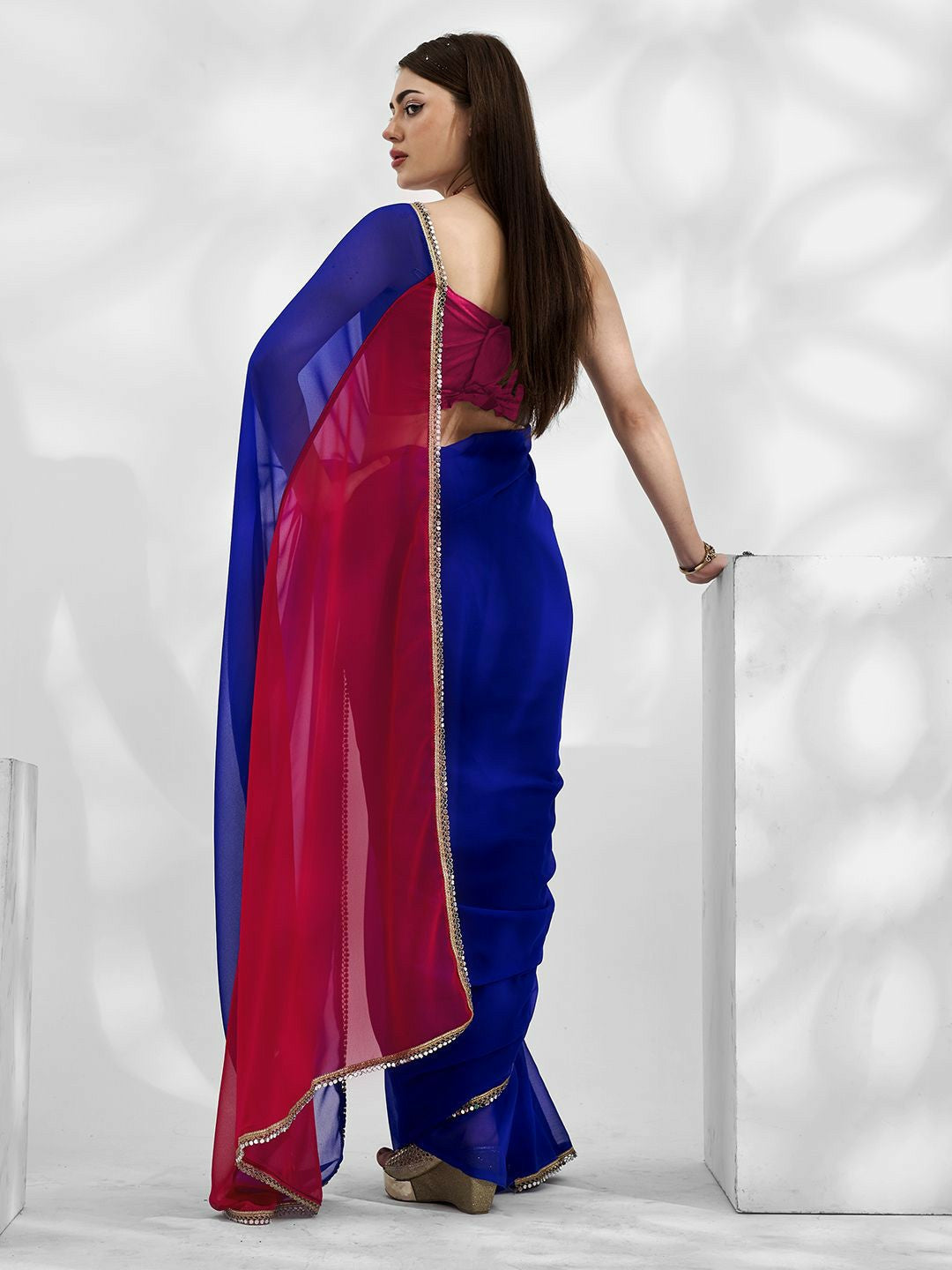 Gotta Patti Pure Georgette Saree – Blue & Red | Ready to Wear | Indiaista