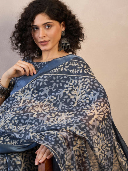 Buy Blue & White Ethnic Motifs Printed Ready to Wear Saree Online – Indiaista