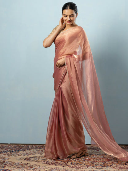 Buy Pink & Gold-Toned Saree with Embellished Border | Ready to Wear Saree – Indiaista