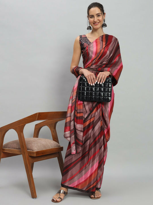 Buy Purple & Black Striped Saree Without Border | Satin Ready-to-Wear Saree – Indiaista