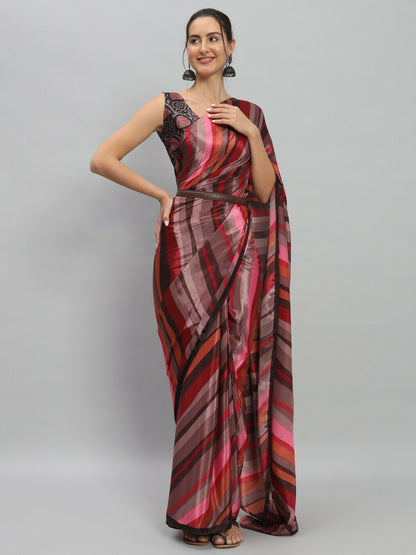 Buy Purple & Black Striped Saree Without Border | Satin Ready-to-Wear Saree – Indiaista