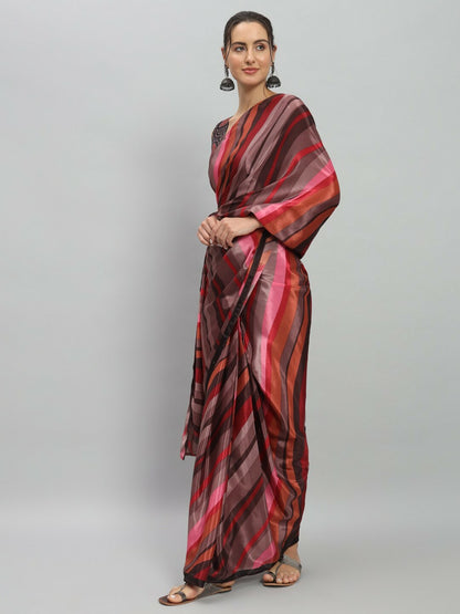 Buy Purple & Black Striped Saree Without Border | Satin Ready-to-Wear Saree – Indiaista