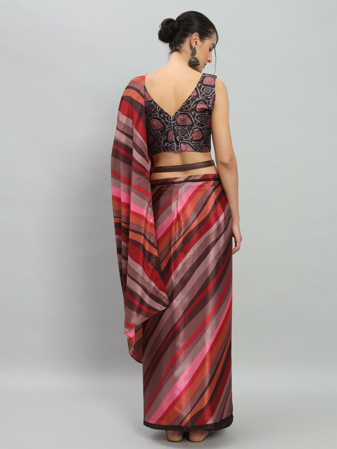 Buy Purple & Black Striped Saree Without Border | Satin Ready-to-Wear Saree – Indiaista