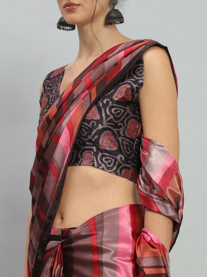 Buy Purple & Black Striped Saree Without Border | Satin Ready-to-Wear Saree – Indiaista