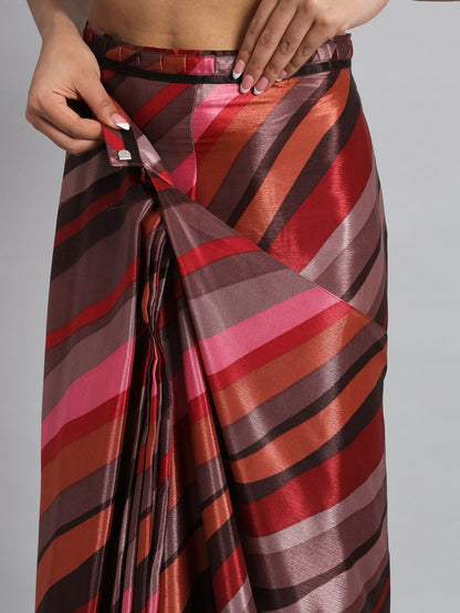 Buy Purple & Black Striped Saree Without Border | Satin Ready-to-Wear Saree – Indiaista