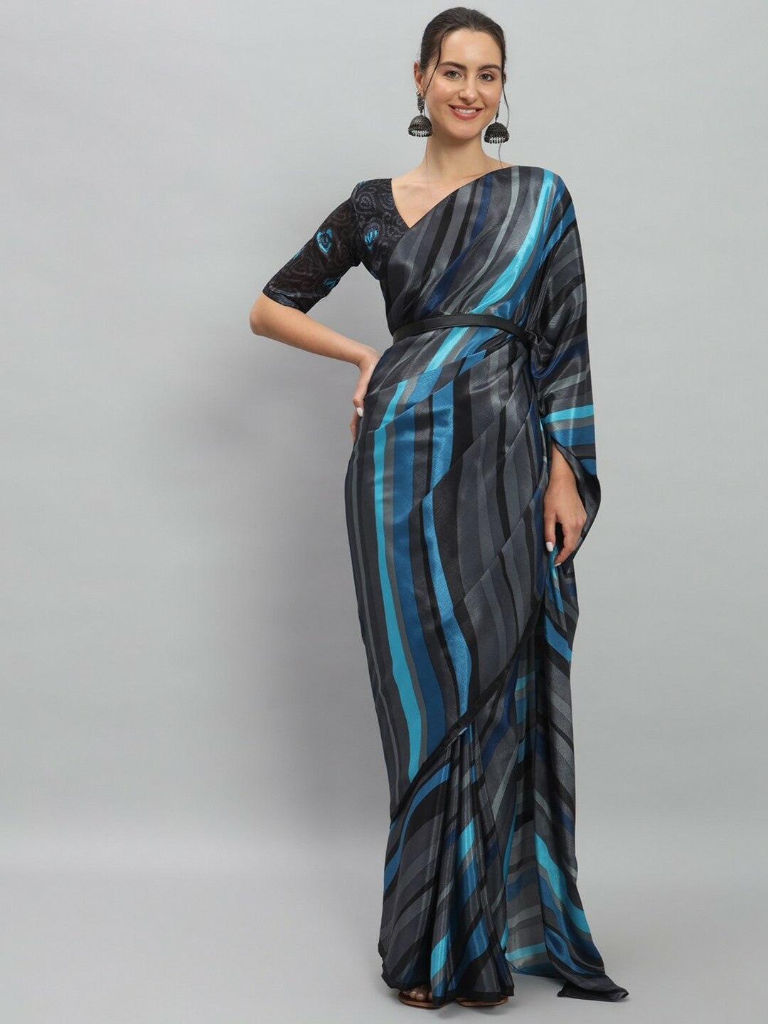 Buy Blue & Grey Striped Saree Without Border Online – Striped Satin Ready to Wear Saree