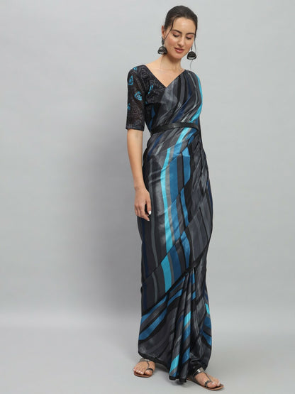 Buy Blue & Grey Striped Saree Without Border Online – Striped Satin Ready to Wear Saree