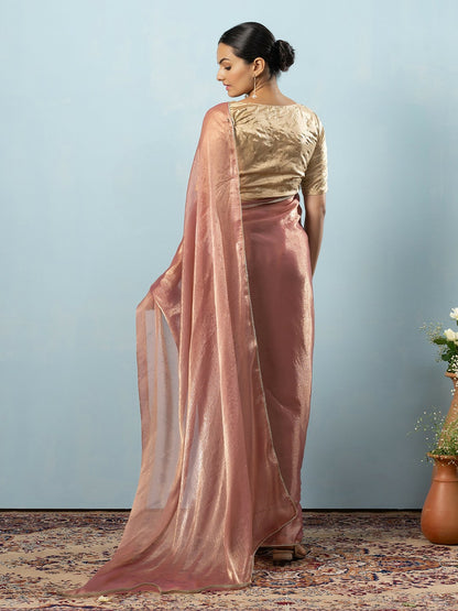 Buy Pink & Gold-Toned Saree with Embellished Border | Ready to Wear Saree – Indiaista