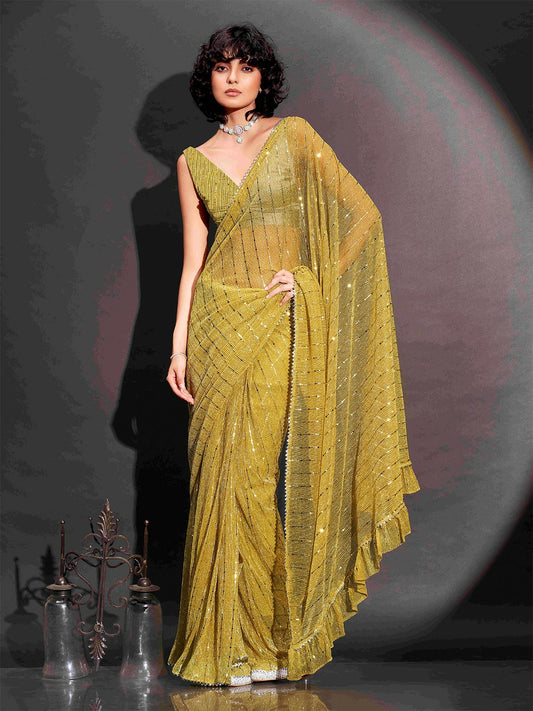 Buy Yellow & Gold-Toned Embellished Saree with Border | Ready to Wear Saree - Indiaista