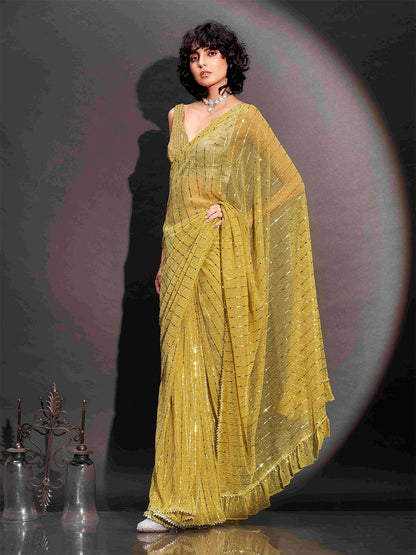 Buy Yellow & Gold-Toned Embellished Saree with Border | Ready to Wear Saree - Indiaista