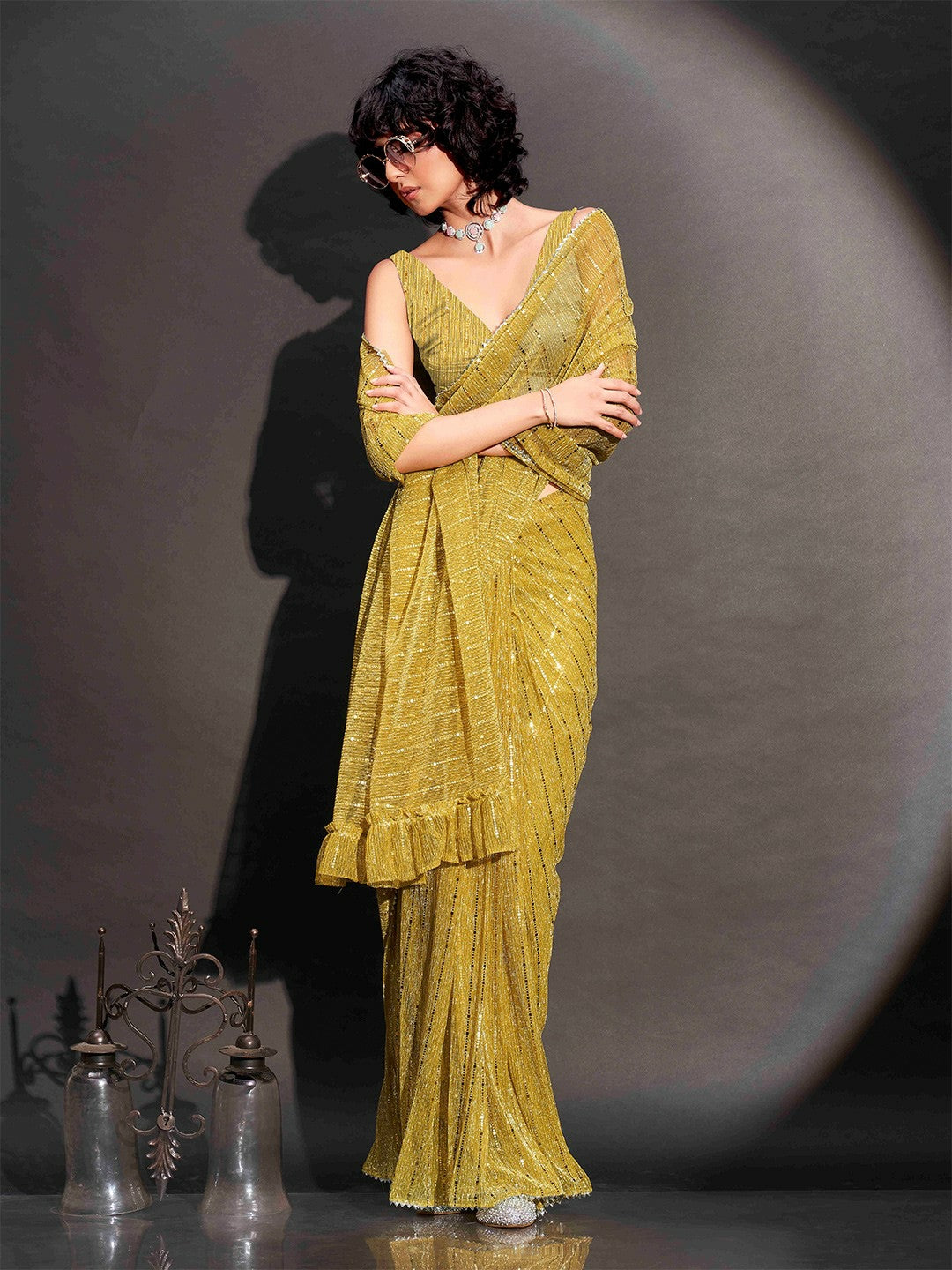 Buy Yellow & Gold-Toned Embellished Saree with Border | Ready to Wear Saree - Indiaista