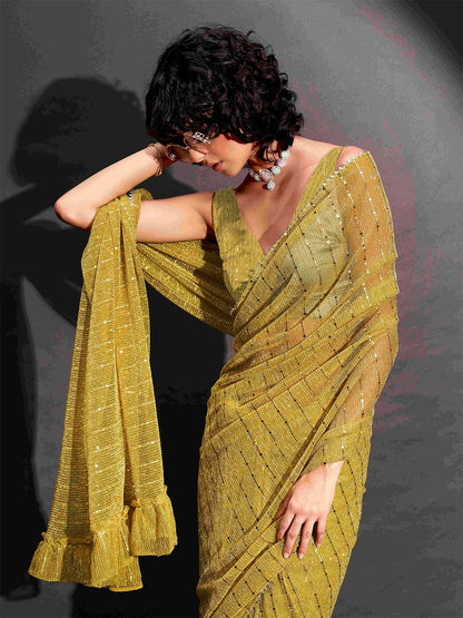 Buy Yellow & Gold-Toned Embellished Saree with Border | Ready to Wear Saree - Indiaista