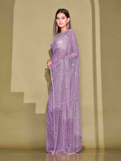 Buy Lavender & Silver-Toned Embellished Mukaish Saree Online – Indiaista