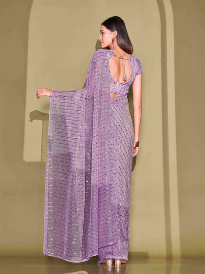 Buy Lavender & Silver-Toned Embellished Mukaish Saree Online – Indiaista