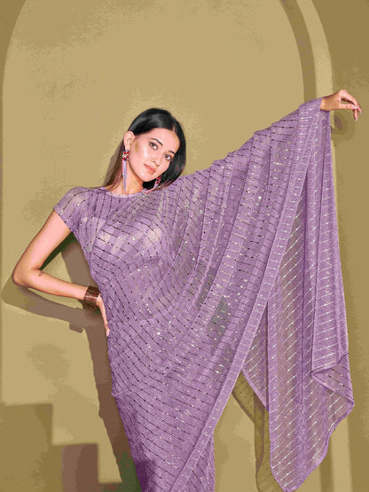 Buy Lavender & Silver-Toned Embellished Mukaish Saree Online – Indiaista