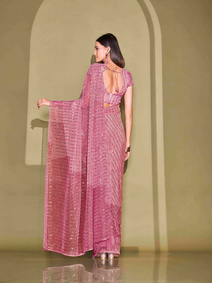 Buy Pink & Gold-Toned Embellished Mukaish Saree | No-Border Saree Online – Indiaista