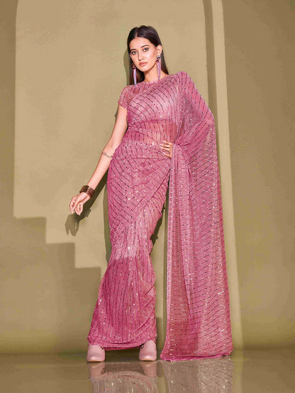 Buy Pink & Gold-Toned Embellished Mukaish Saree | No-Border Saree Online – Indiaista