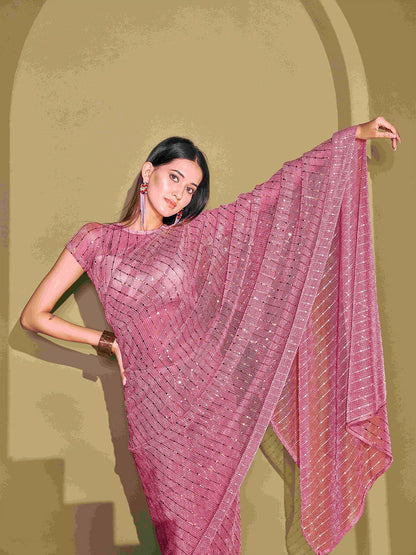 Buy Pink & Gold-Toned Embellished Mukaish Saree | No-Border Saree Online – Indiaista