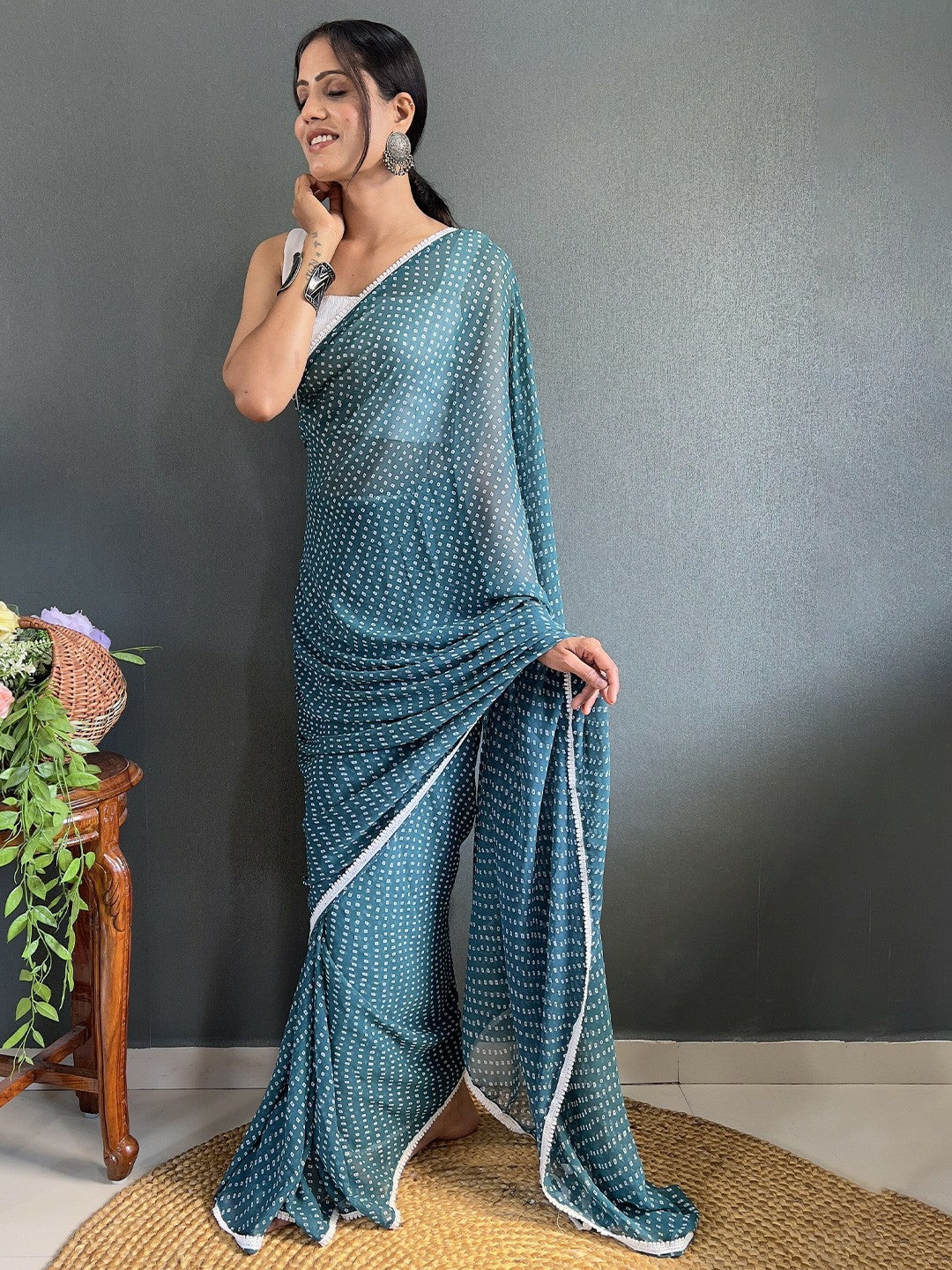 Teal & White Bandhani Printed Saree with Embroidered Border – Pure Georgette, Ready to Wear | Indiaista