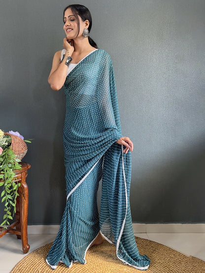 Teal & White Bandhani Printed Saree with Embroidered Border – Pure Georgette, Ready to Wear | Indiaista