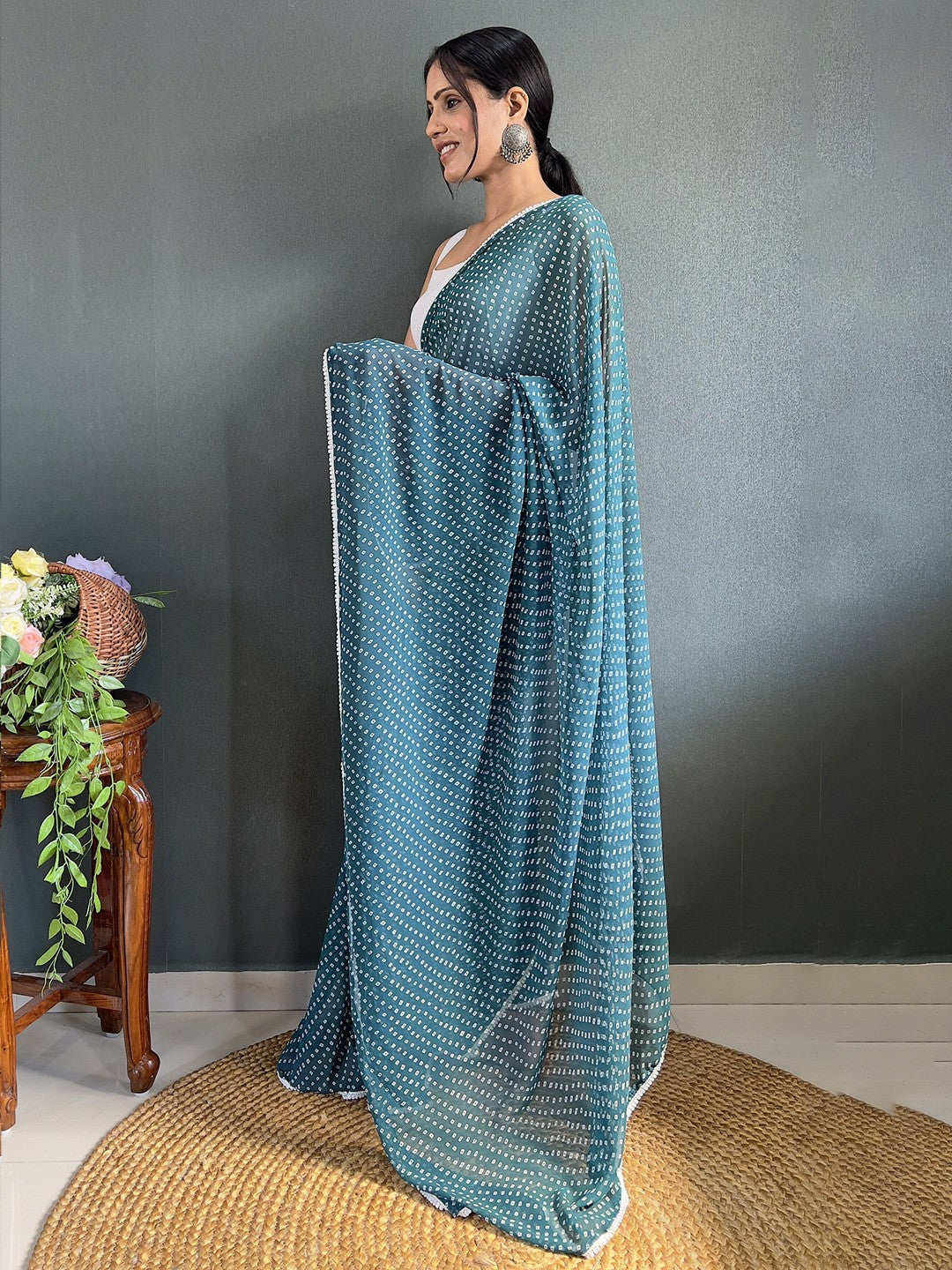 Teal & White Bandhani Printed Saree with Embroidered Border – Pure Georgette, Ready to Wear | Indiaista