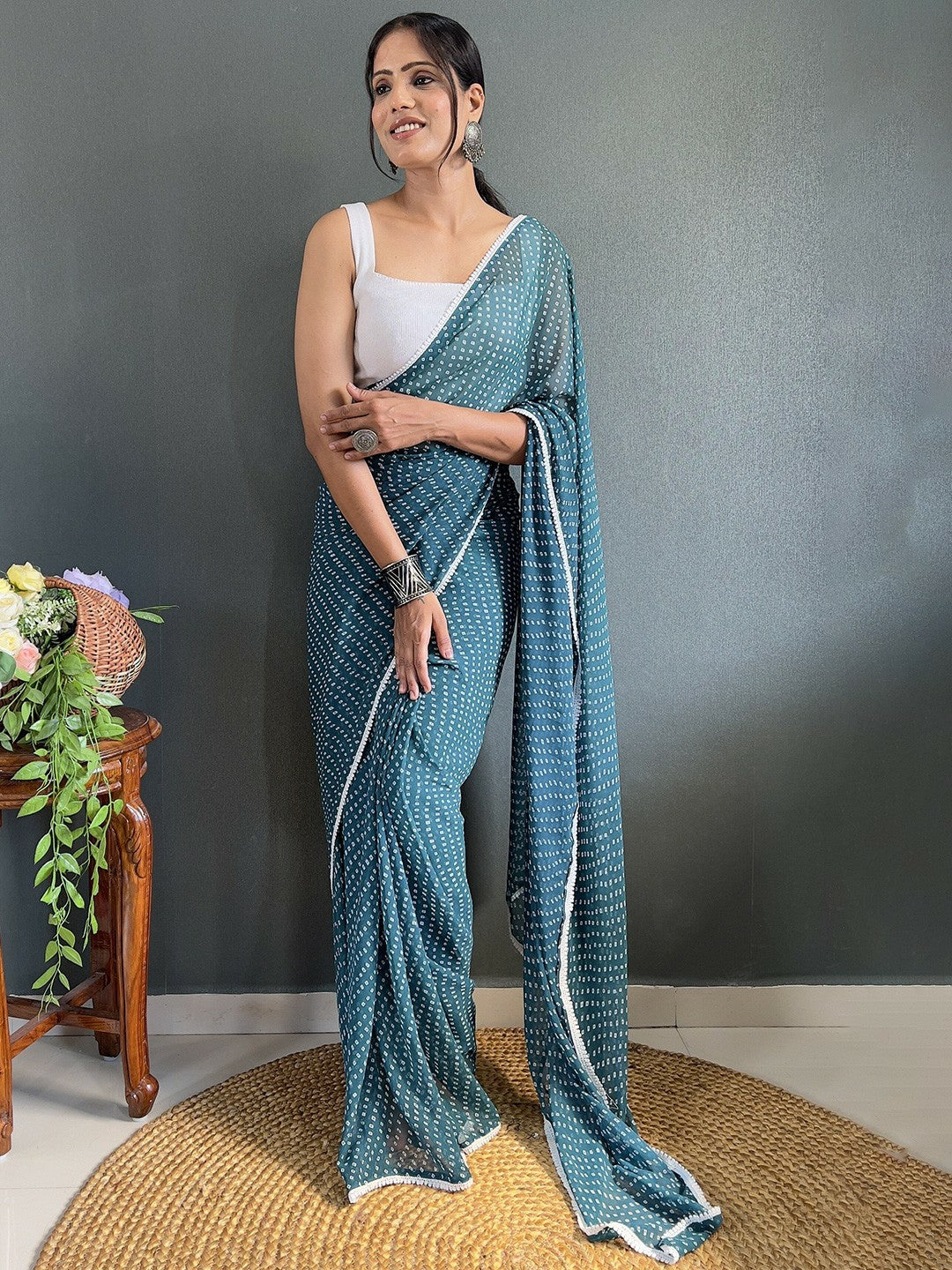 Teal & White Bandhani Printed Saree with Embroidered Border – Pure Georgette, Ready to Wear | Indiaista