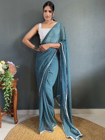 Teal & White Bandhani Printed Saree with Embroidered Border – Pure Georgette, Ready to Wear | Indiaista