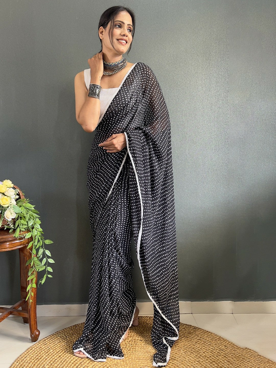 Buy Black & White Bandhani Printed Saree with Border – Pure Georgette | Indiaista