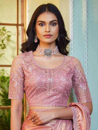 Pink Embellished Embroidered Poly Georgette Saree with Blouse Piece