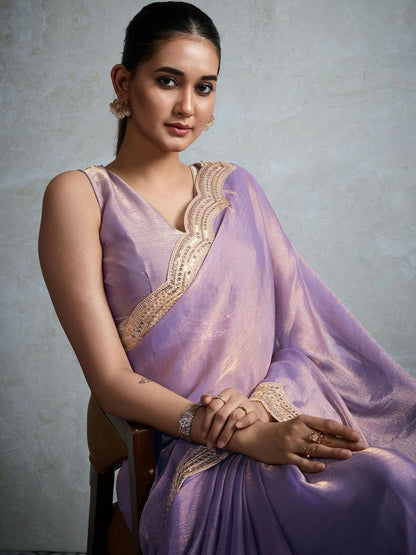 Lavender Sequinned Pure Chiffon Saree with Embellished Border