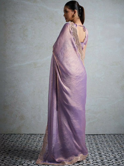 Lavender Sequinned Pure Chiffon Saree with Embellished Border