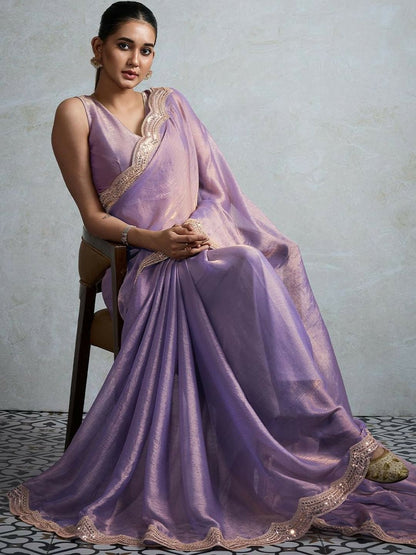 Lavender Sequinned Pure Chiffon Saree with Embellished Border