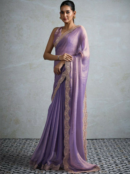 Lavender Sequinned Pure Chiffon Saree with Embellished Border