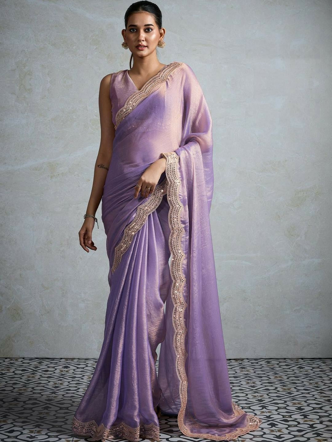 Lavender Sequinned Pure Chiffon Saree with Embellished Border