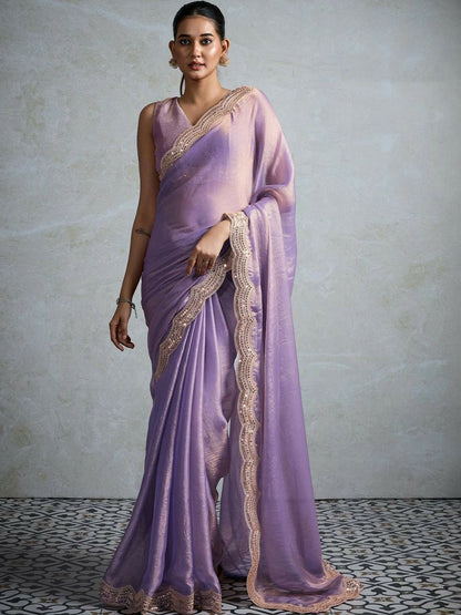 Lavender Sequinned Pure Chiffon Saree with Embellished Border