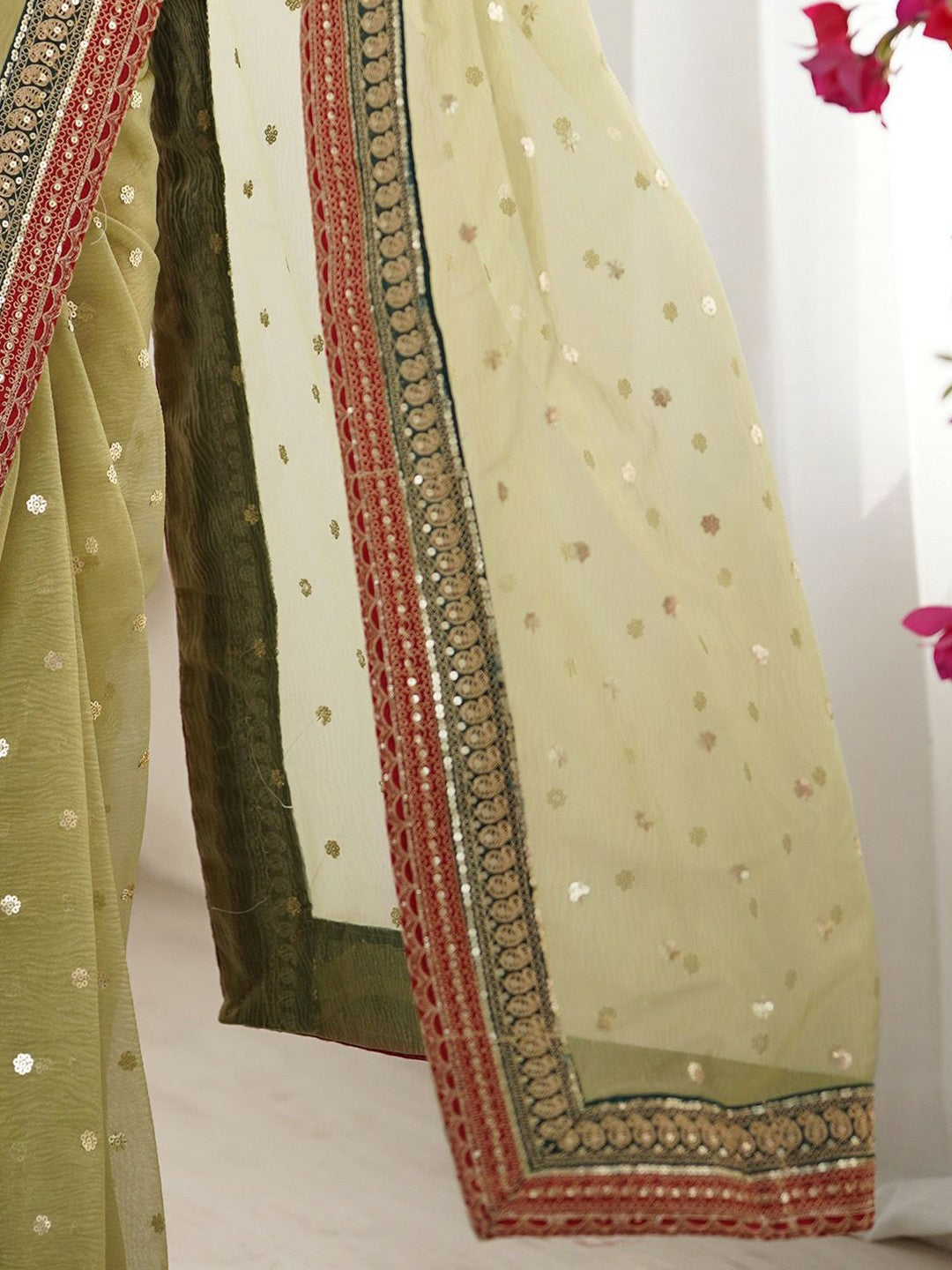 Green & Gold Embellished Sequinned Organza Saree with Blouse Piece