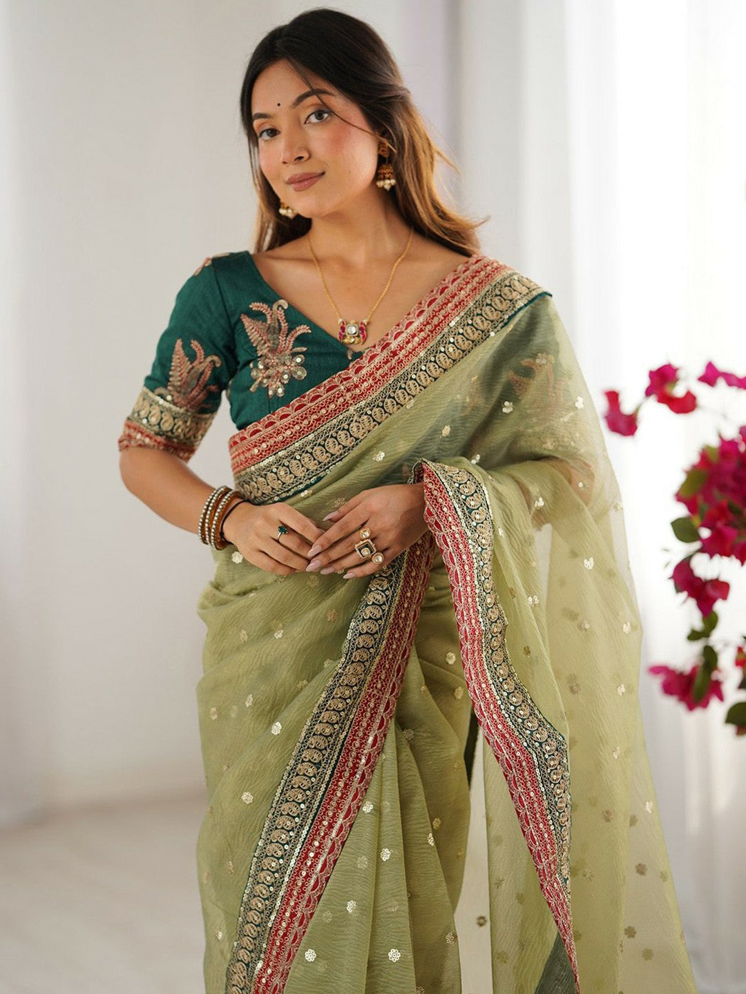 Green & Gold Embellished Sequinned Organza Saree with Blouse Piece