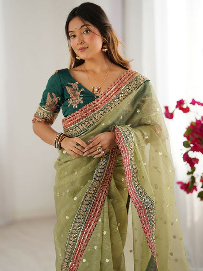 Green & Gold Embellished Sequinned Organza Saree with Blouse Piece