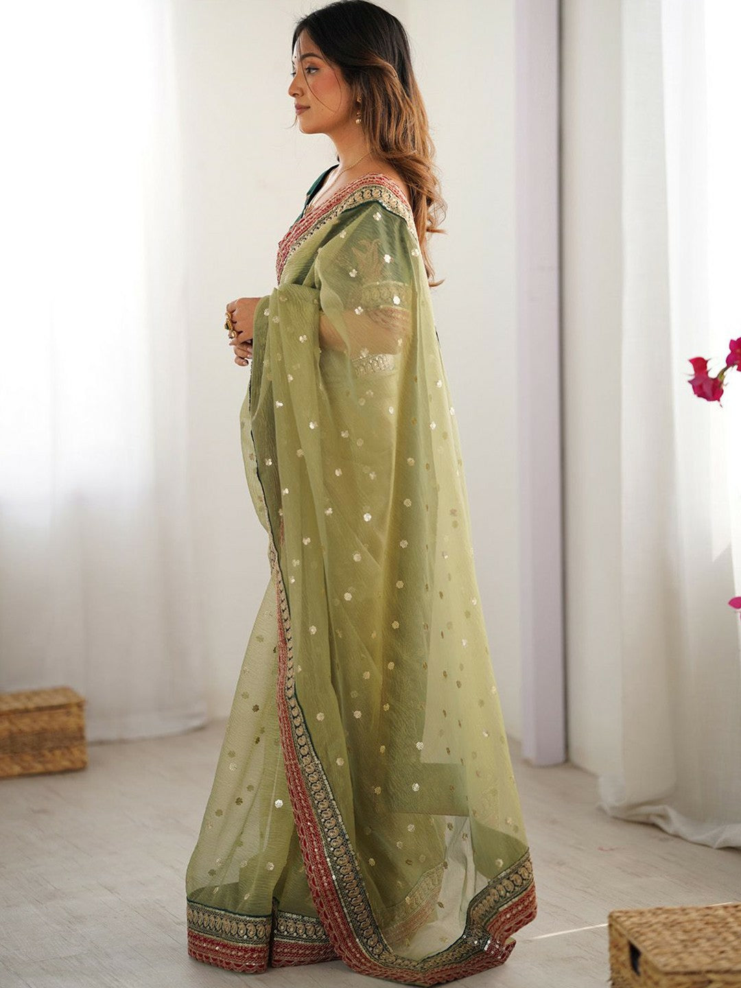 Green & Gold Embellished Sequinned Organza Saree with Blouse Piece