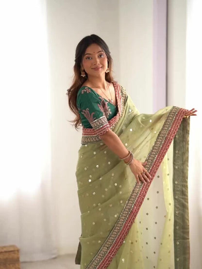 Green & Gold Embellished Sequinned Organza Saree with Blouse Piece