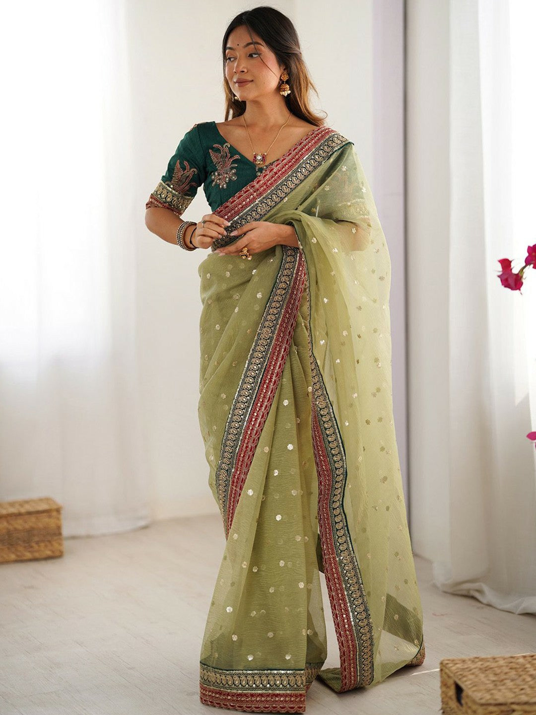 Green & Gold Embellished Sequinned Organza Saree with Blouse Piece