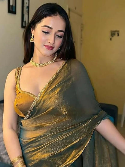 Beads & Stones Bronze Mustard Designer Saree with Blouse