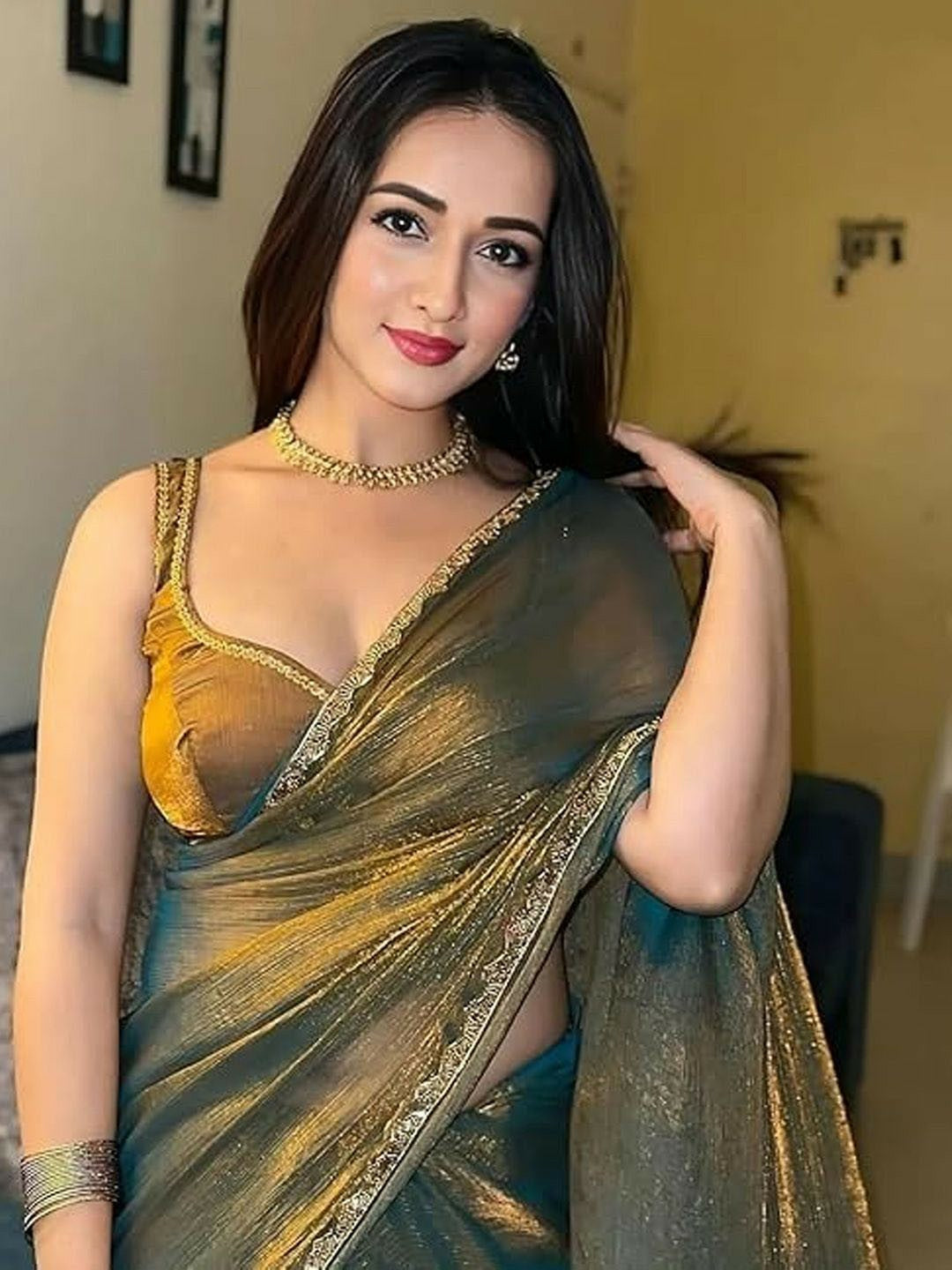 Beads & Stones Bronze Mustard Designer Saree with Blouse