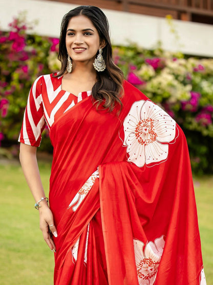 Floral Red & White Block Print Saree with Unstitched Blouse Piece