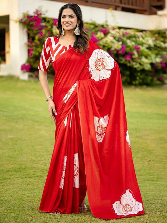 Floral Red & White Block Print Saree with Unstitched Blouse Piece