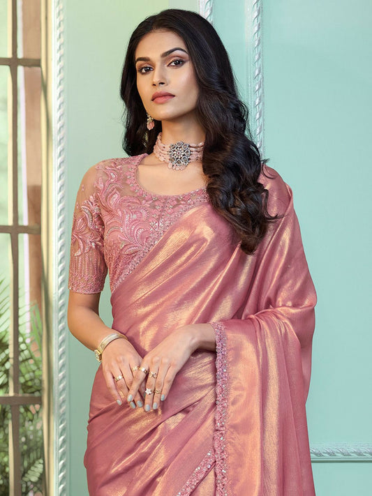 Pink Embellished Embroidered Poly Georgette Saree with Blouse Piece