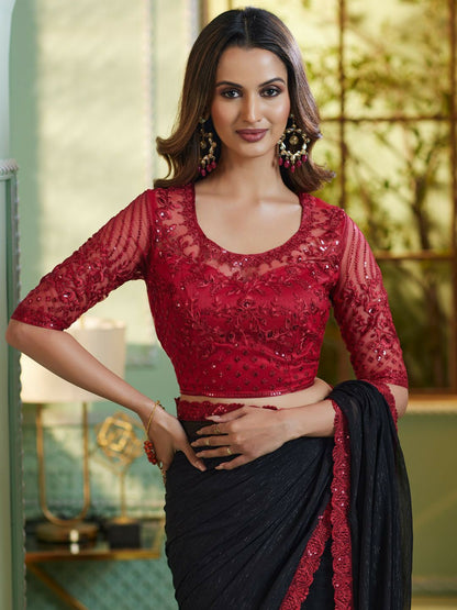 Embellished Black & Pink Embroidered Poly Georgette Saree
