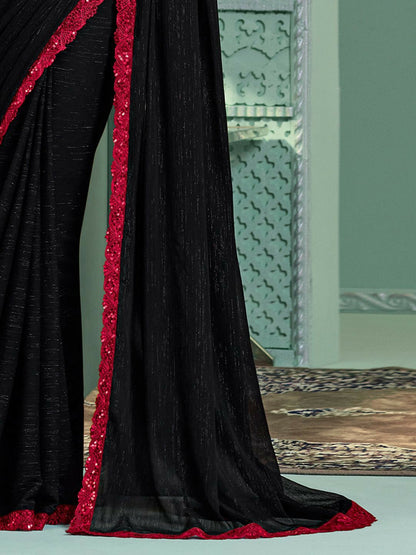 Embellished Black & Pink Embroidered Poly Georgette Saree
