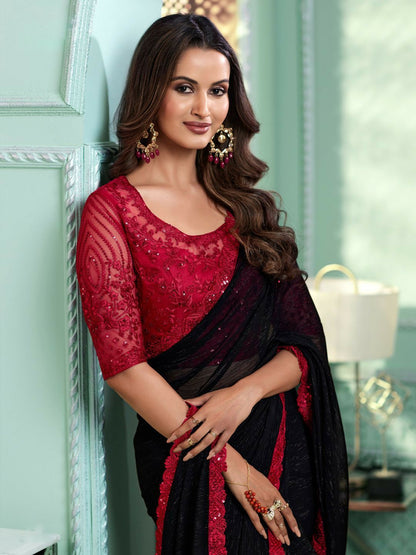 Embellished Black & Pink Embroidered Poly Georgette Saree